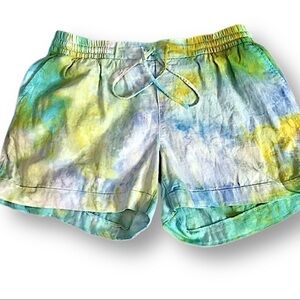 Hand tie dyed shorts rayon linen L ocean colors green blue yellow